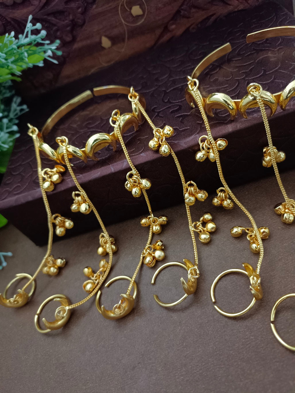 Women 2 Brass Handcrafted Gold-Plated Hathphool Panja Multi Ring moon Bracelet