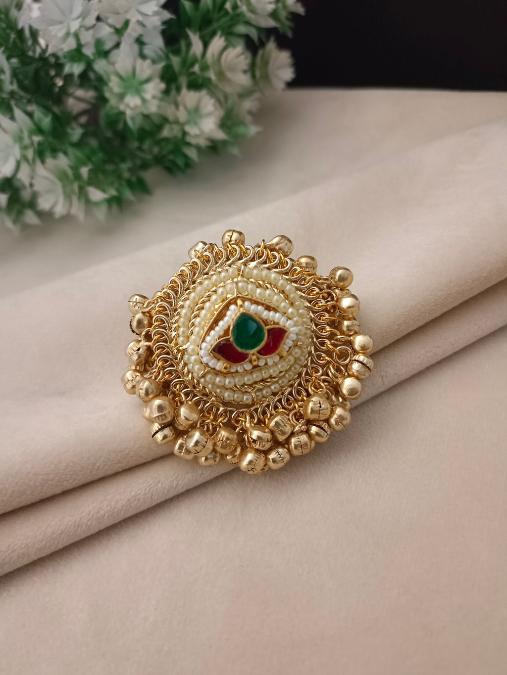 Gold-Plated & Pachi Kundan Studded Ghungroo Kashmiri Lotus Finger Ring