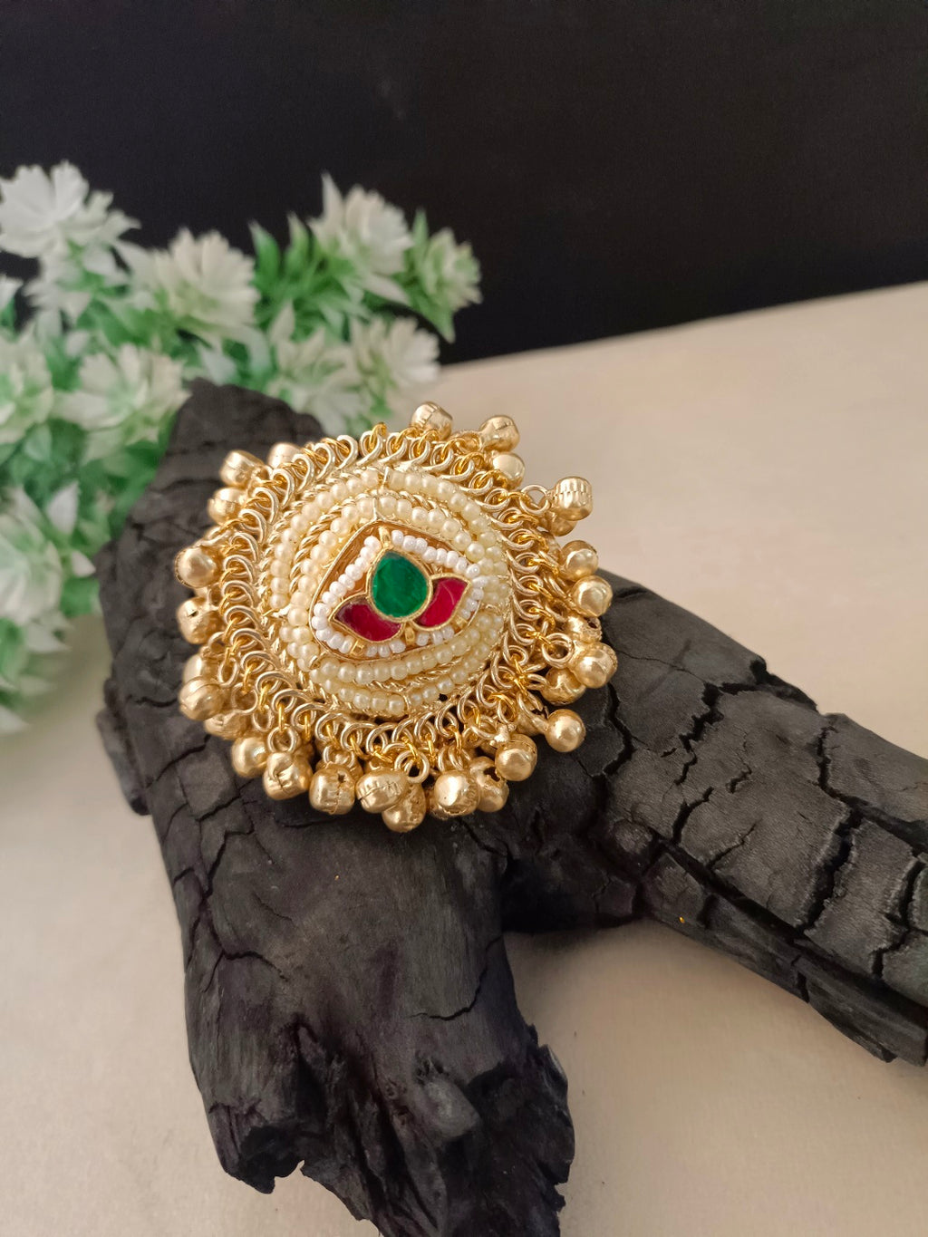 Gold-Plated & Pachi Kundan Studded Ghungroo Kashmiri Lotus Finger Ring