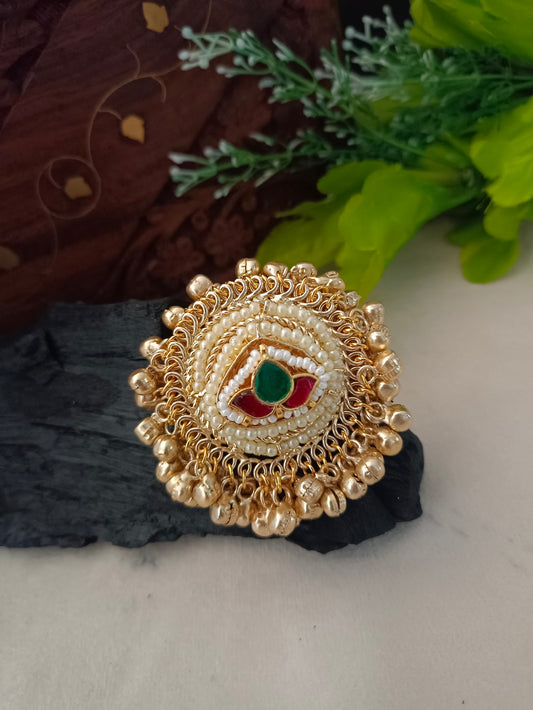 Gold-Plated & Pachi Kundan Studded Ghungroo Kashmiri Lotus Finger Ring