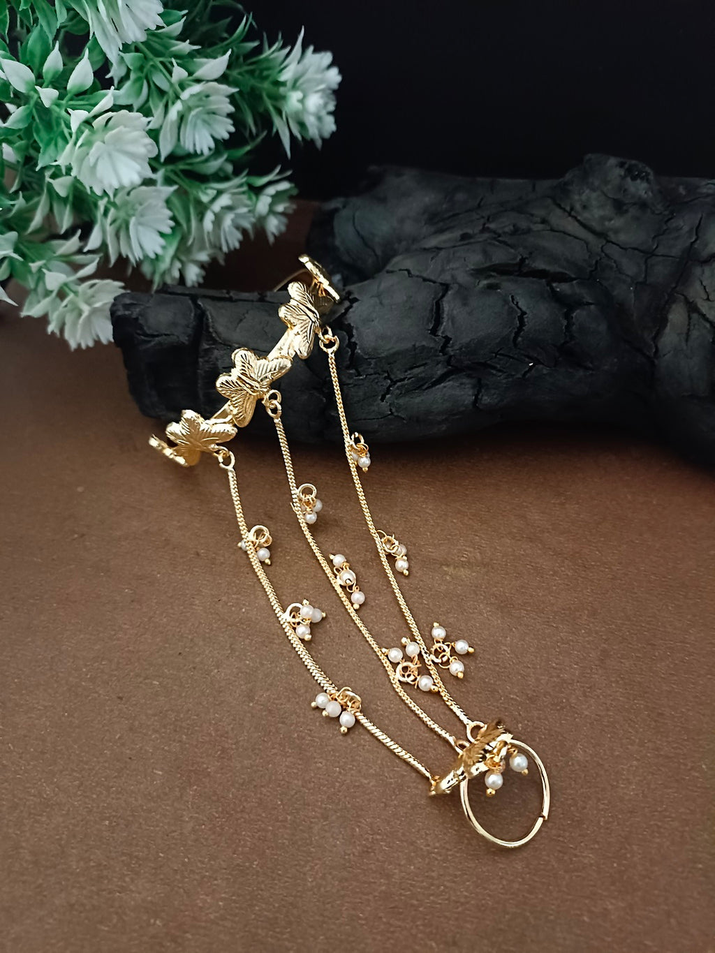 Women Brass Handcrafted Gold-Plated Hathphool Panja Multi Ring Butterfly Bracelet