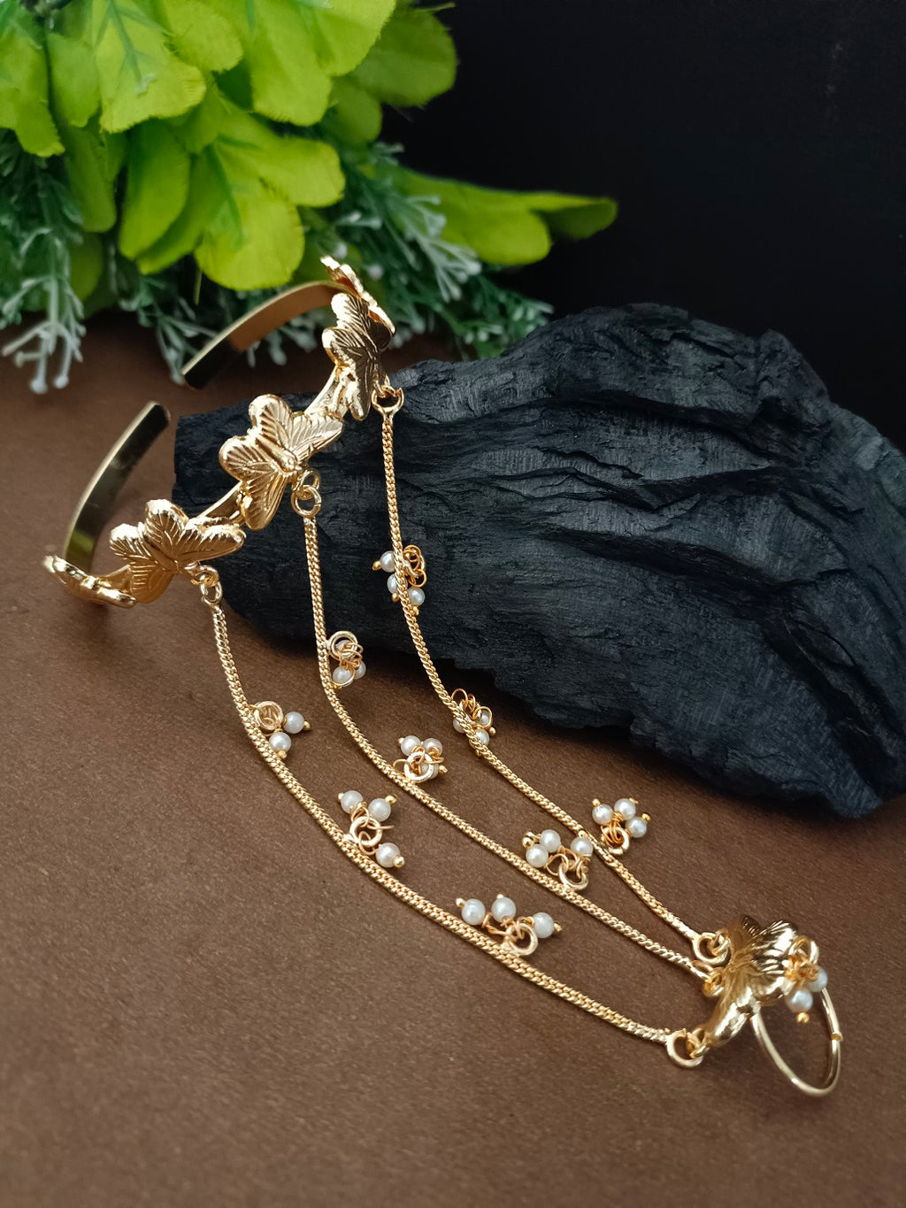 Women Brass Handcrafted Gold-Plated Hathphool Panja Multi Ring Butterfly Bracelet