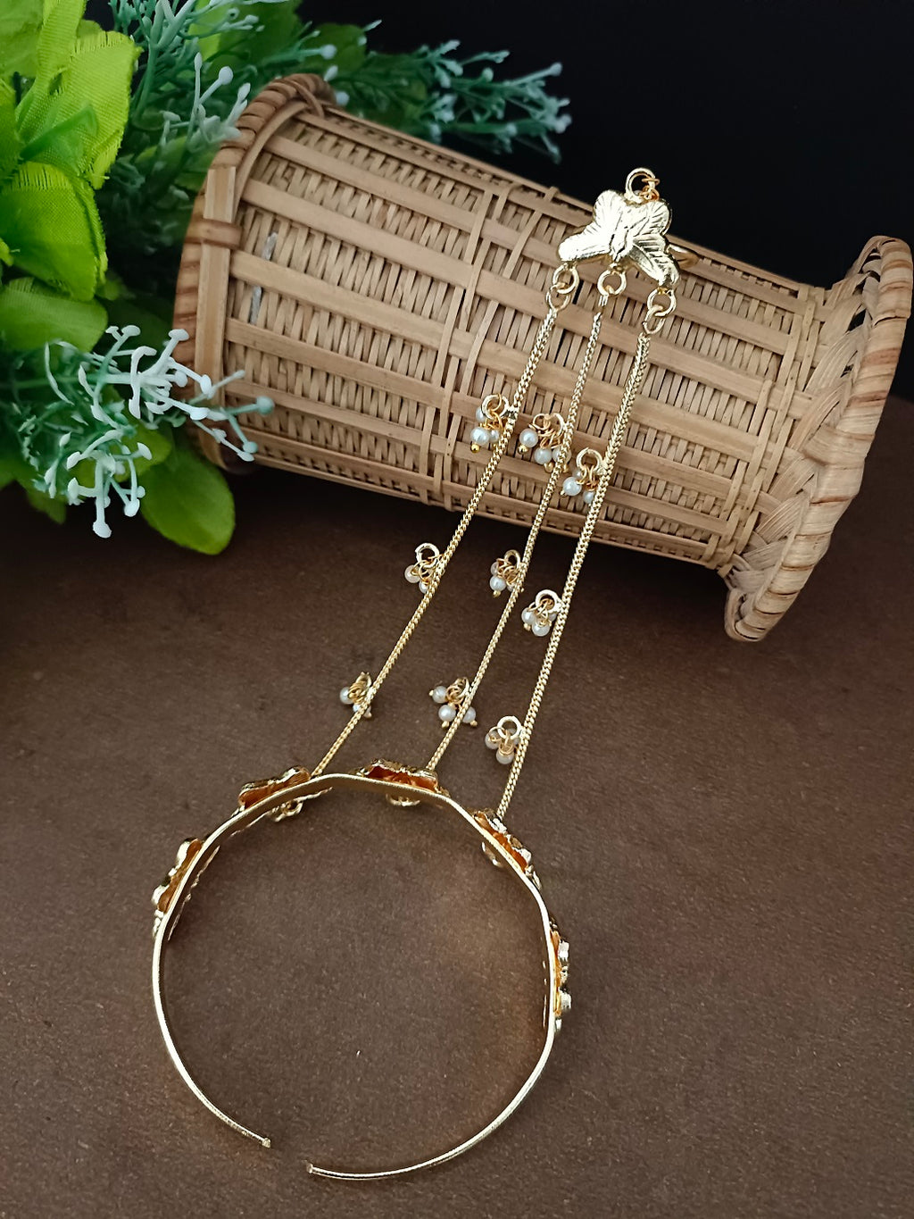 Women Brass Handcrafted Gold-Plated Hathphool Panja Multi Ring Butterfly Bracelet