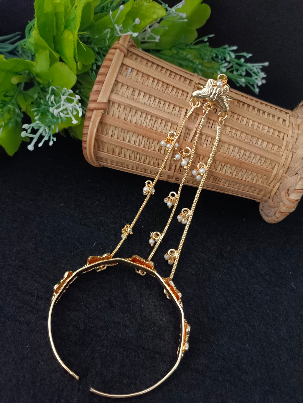 Women Brass Handcrafted Gold-Plated Hathphool Panja Multi Ring Butterfly Bracelet