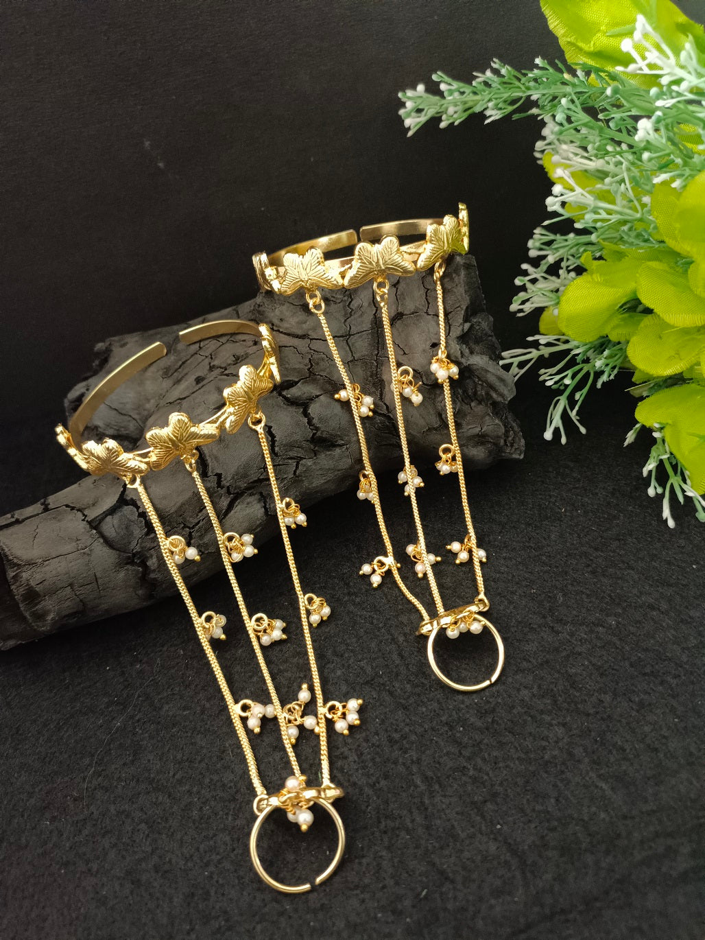Women 2 Brass Handcrafted Gold-Plated Hathphool Panja Multi Ring Butterfly Bracelet