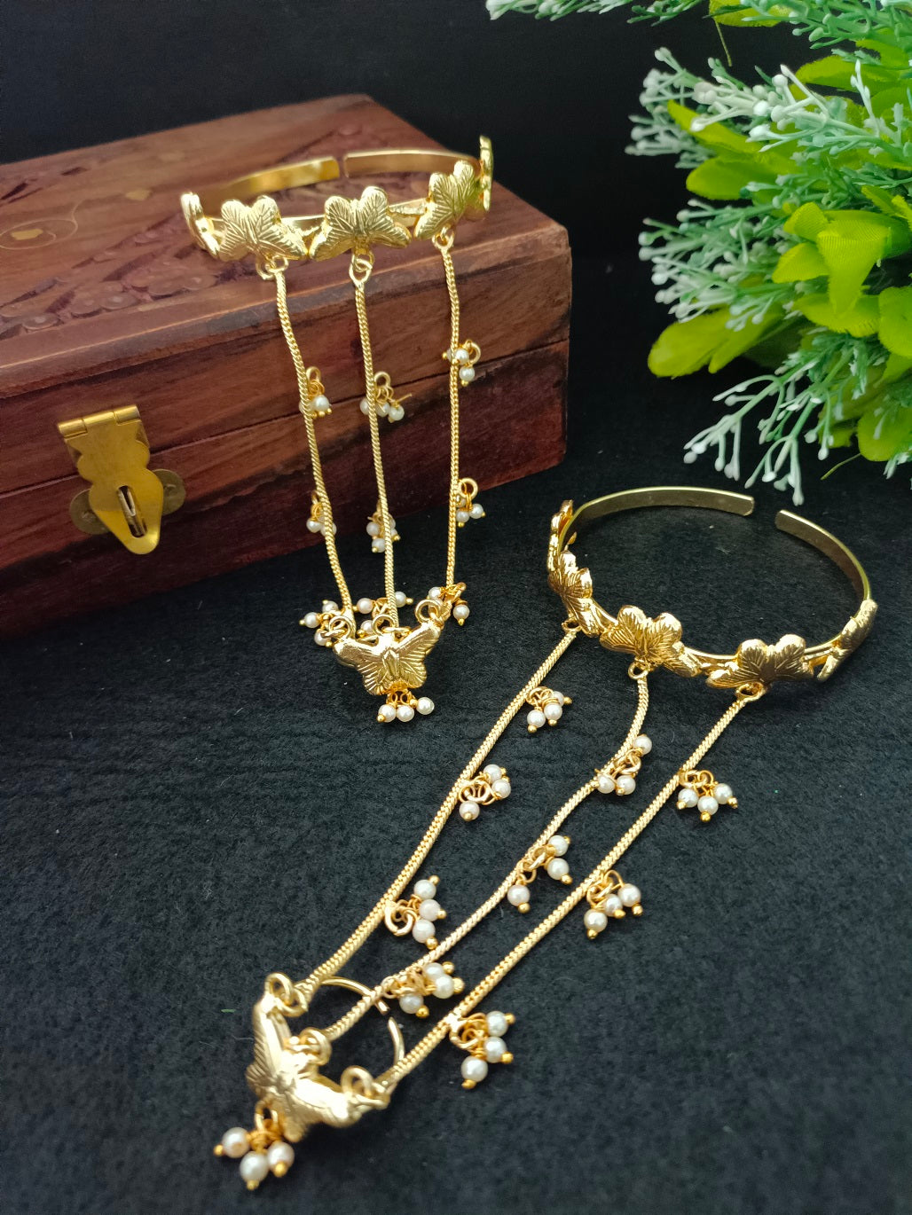 Women 2 Brass Handcrafted Gold-Plated Hathphool Panja Multi Ring Butterfly Bracelet