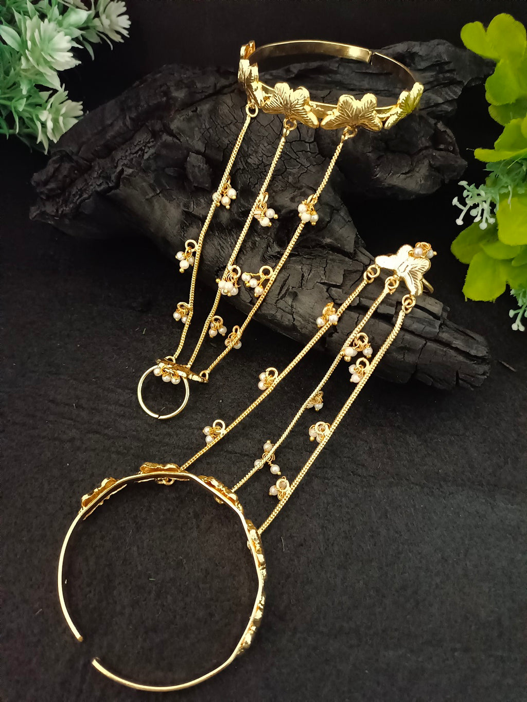 Women 2 Brass Handcrafted Gold-Plated Hathphool Panja Multi Ring Butterfly Bracelet