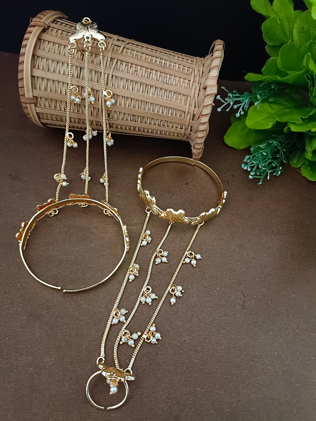 Women 2 Brass Handcrafted Gold-Plated Hathphool Panja Multi Ring Butterfly Bracelet