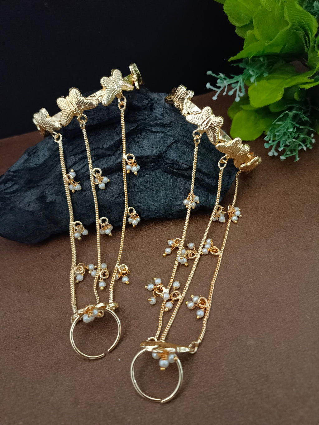 Women 2 Brass Handcrafted Gold-Plated Hathphool Panja Multi Ring Butterfly Bracelet