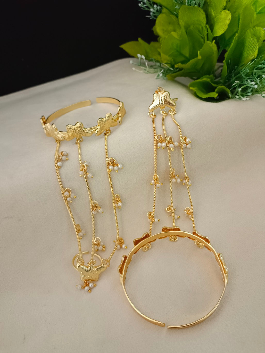 Women 2 Brass Handcrafted Gold-Plated Hathphool Panja Multi Ring Butterfly Bracelet