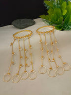 Women 2 Brass Handcrafted Gold-Plated Hathphool Panja Multi Ring Pearl Studded Bracelet