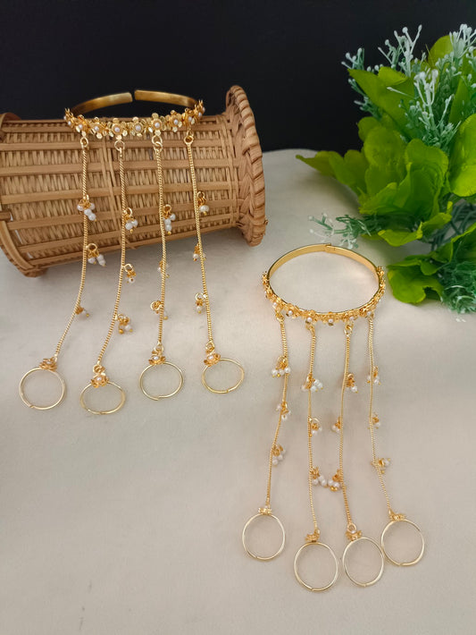 Women 2 Brass Handcrafted Gold-Plated Hathphool Panja Multi Ring Pearl Studded Bracelet