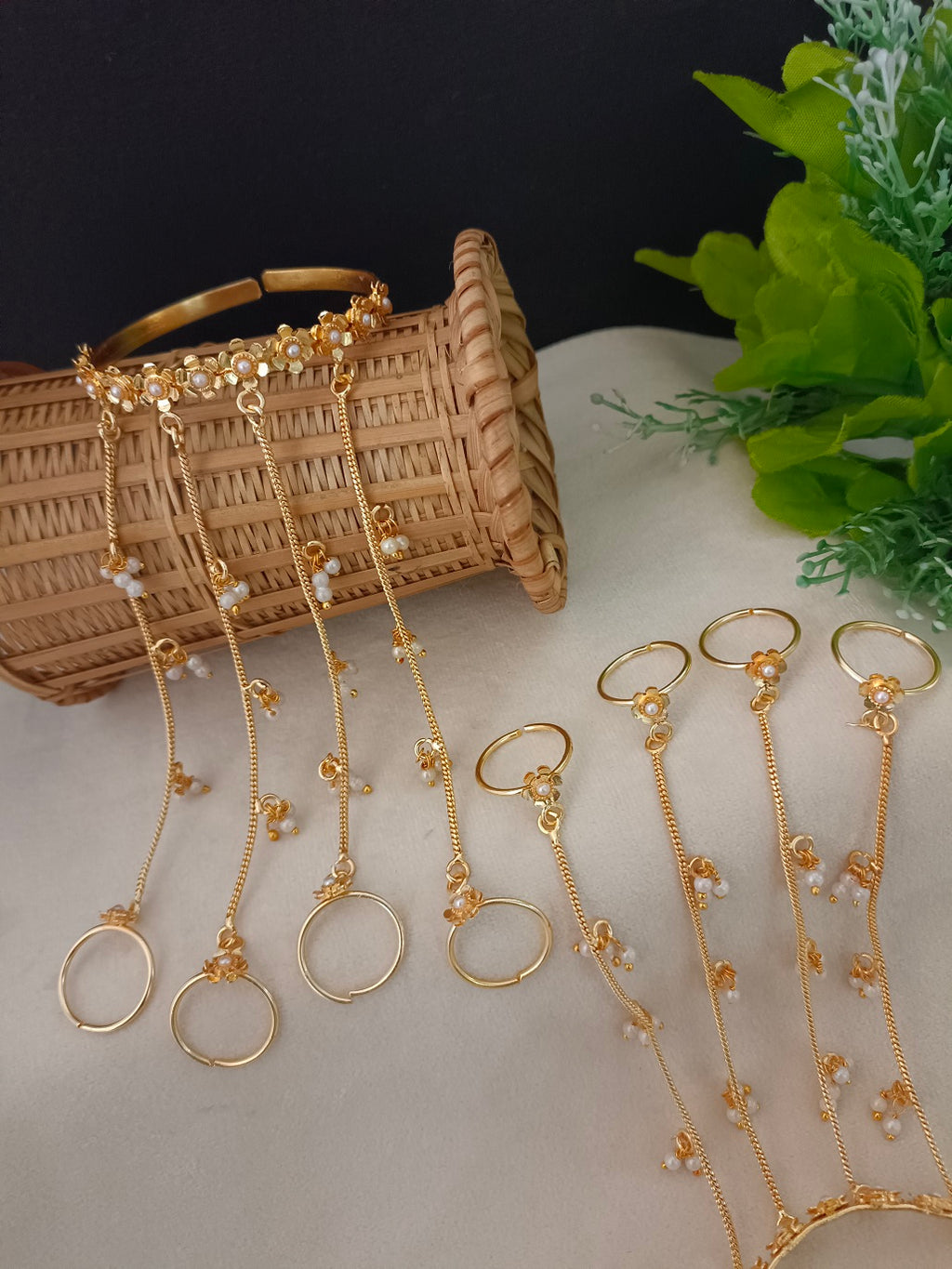 Women 2 Brass Handcrafted Gold-Plated Hathphool Panja Multi Ring Pearl Studded Bracelet