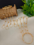 Women 2 Brass Handcrafted Gold-Plated Hathphool Panja Multi Ring Pearl Studded Bracelet