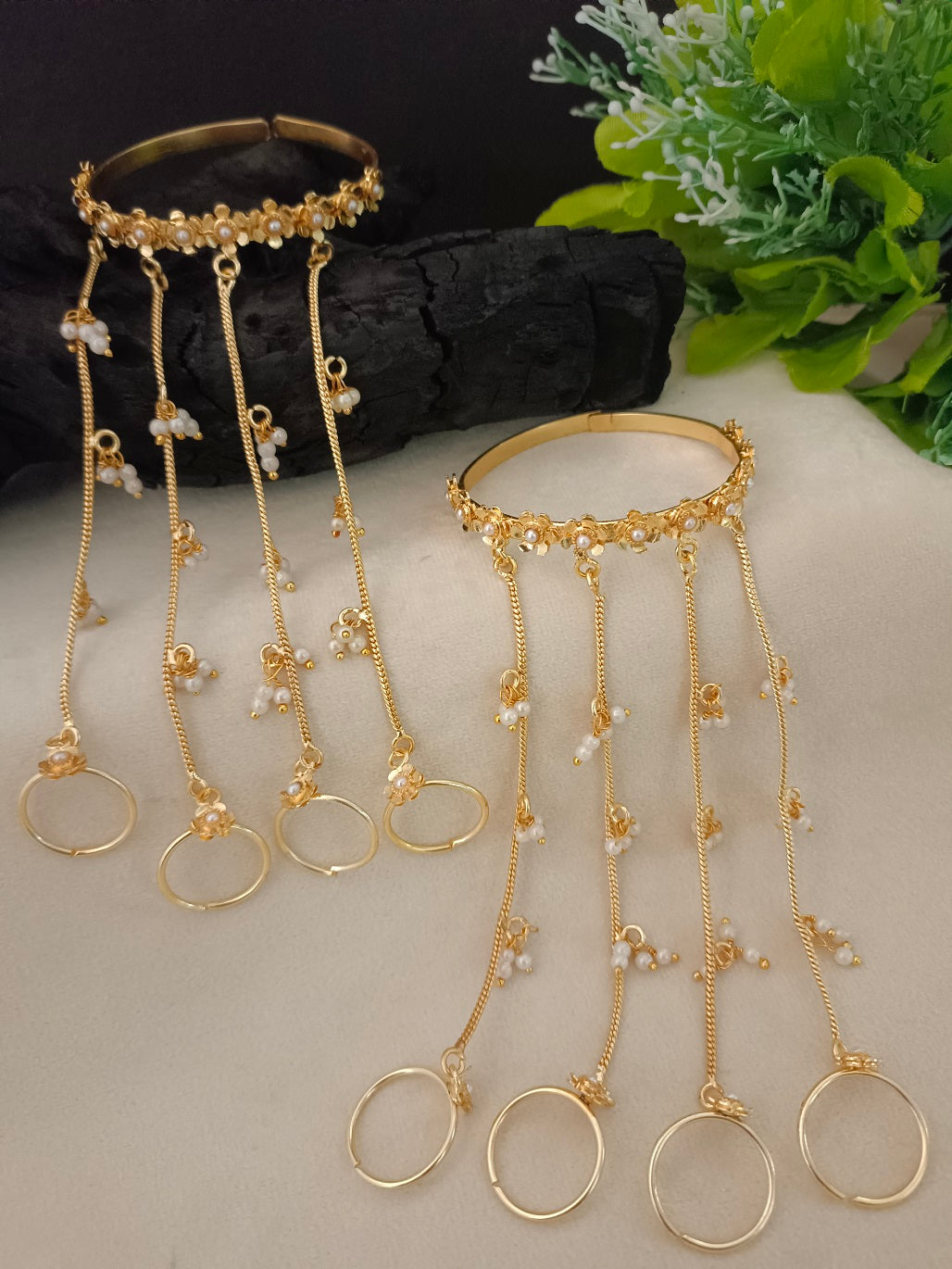 Women 2 Brass Handcrafted Gold-Plated Hathphool Panja Multi Ring Pearl Studded Bracelet