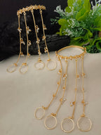 Women 2 Brass Handcrafted Gold-Plated Hathphool Panja Multi Ring Pearl Studded Bracelet