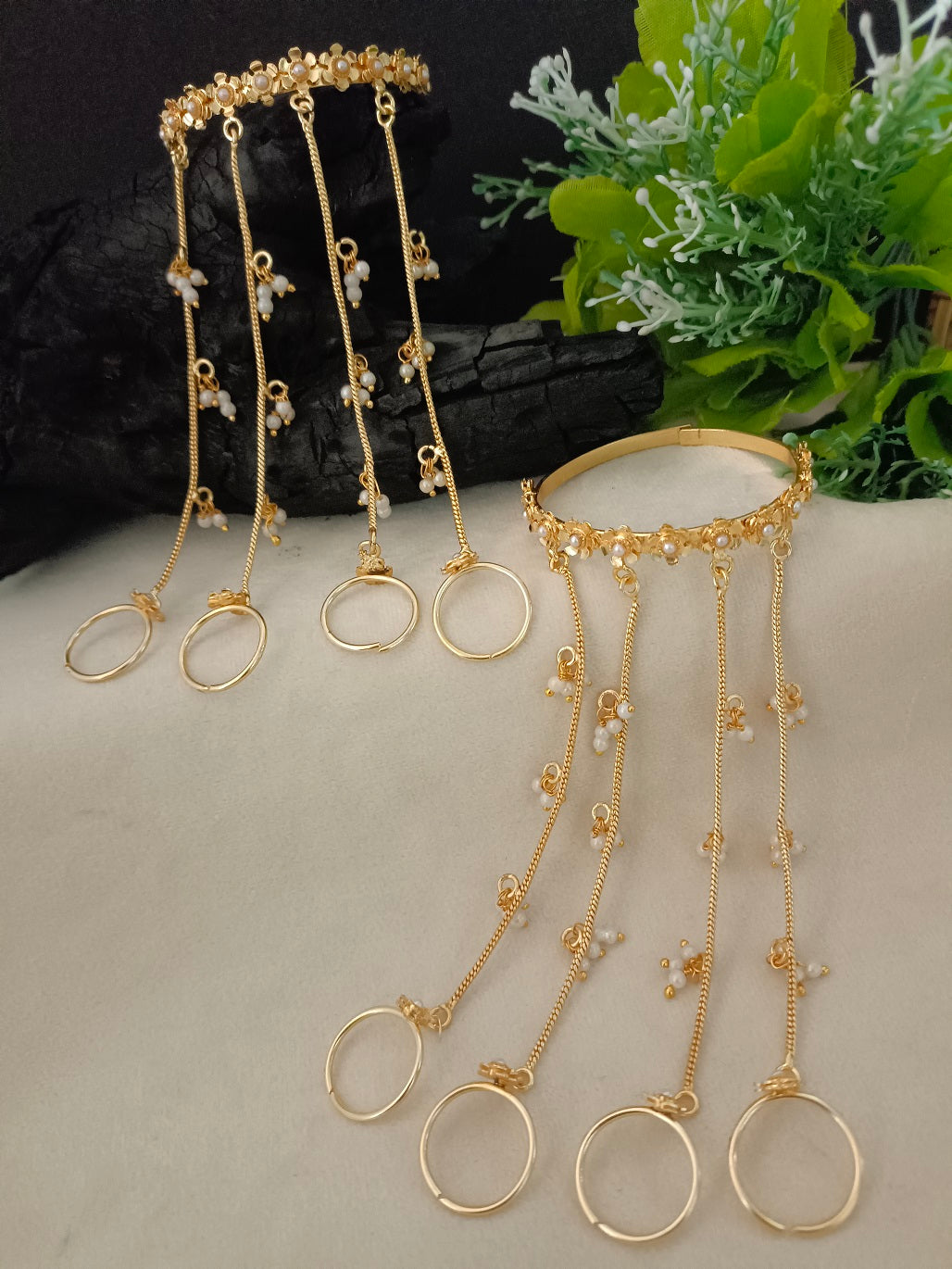 Women 2 Brass Handcrafted Gold-Plated Hathphool Panja Multi Ring Pearl Studded Bracelet