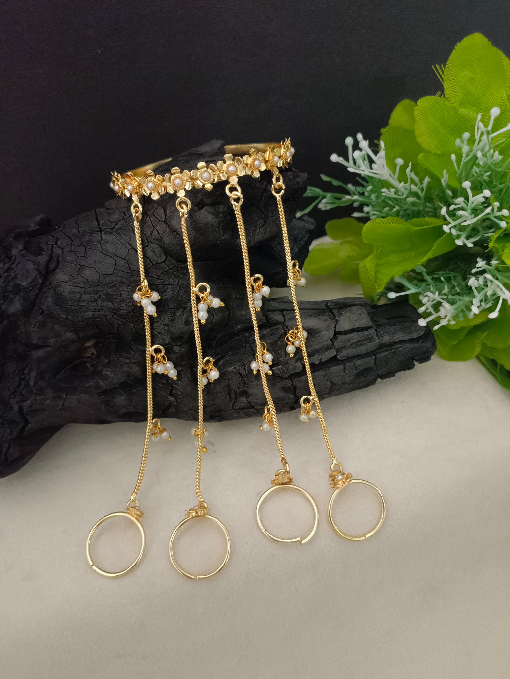 Women 2 Brass Handcrafted Gold-Plated Hathphool Panja Multi Ring Pearl Studded Bracelet