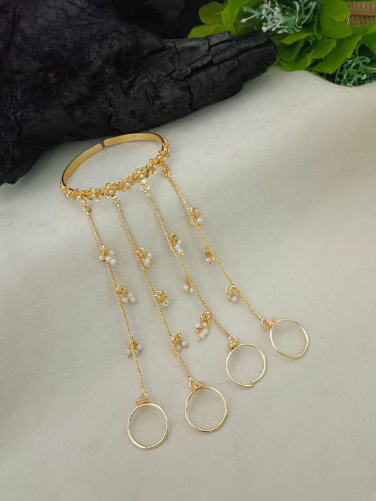 Women Brass Handcrafted Gold-Plated Hathphool Panja Multi Ring Pearl Studded Bracelet