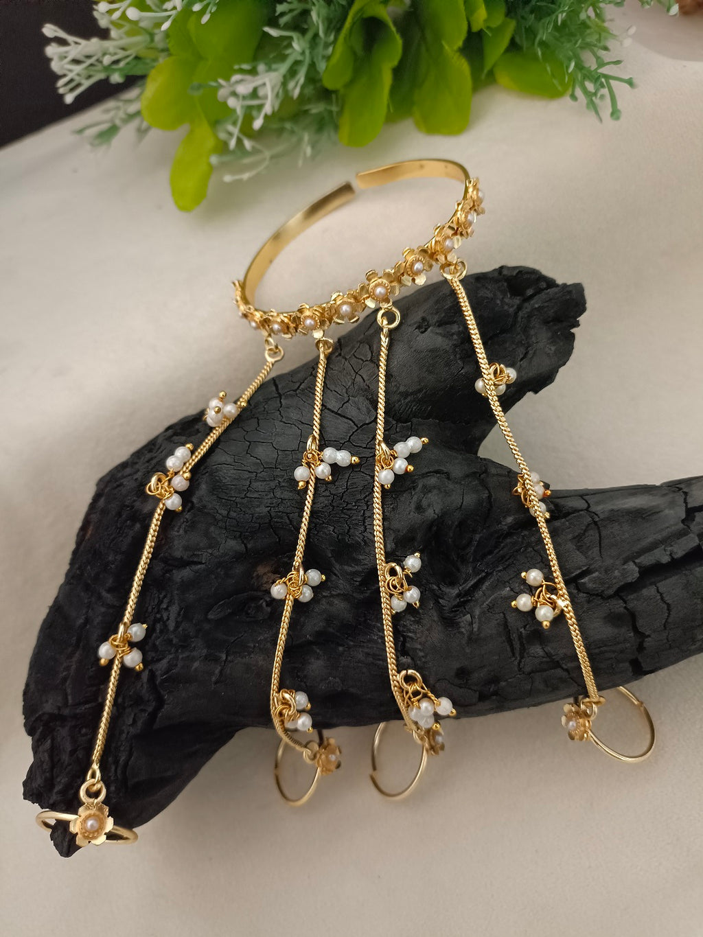Women Brass Handcrafted Gold-Plated Hathphool Panja Multi Ring Pearl Studded Bracelet