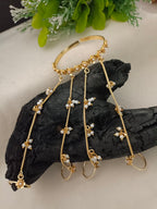 Women Brass Handcrafted Gold-Plated Hathphool Panja Multi Ring Pearl Studded Bracelet
