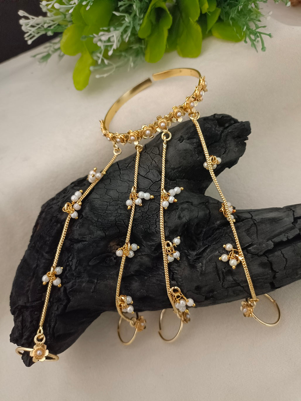 Women Brass Handcrafted Gold-Plated Hathphool Panja Multi Ring Pearl Studded Bracelet