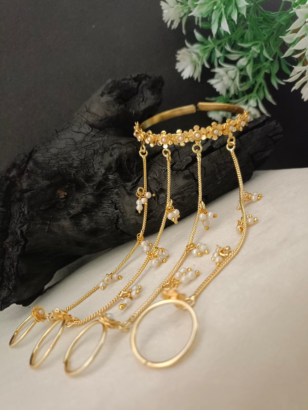 Women Brass Handcrafted Gold-Plated Hathphool Panja Multi Ring Pearl Studded Bracelet