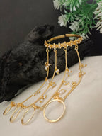 Women Brass Handcrafted Gold-Plated Hathphool Panja Multi Ring Pearl Studded Bracelet