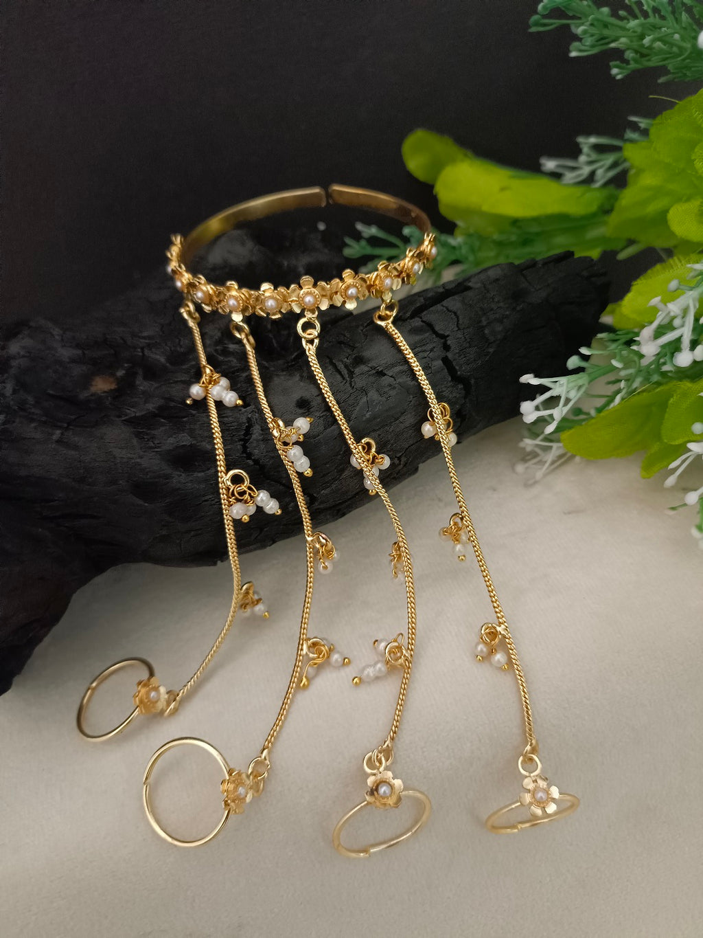 Women Brass Handcrafted Gold-Plated Hathphool Panja Multi Ring Pearl Studded Bracelet
