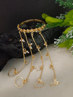 Women Brass Handcrafted Gold-Plated Hathphool Panja Multi Ring Pearl Studded Bracelet