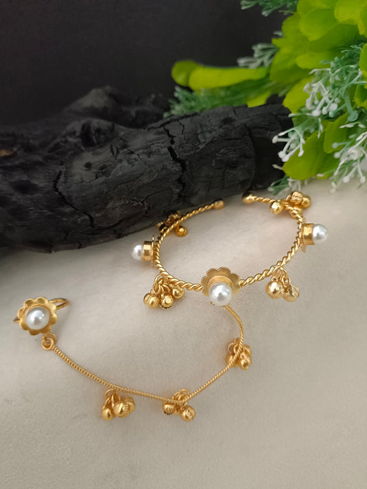 Women Brass Handcrafted Gold-Plated Pearl Sudded Hathphool Panja Multi Ring Bracelet