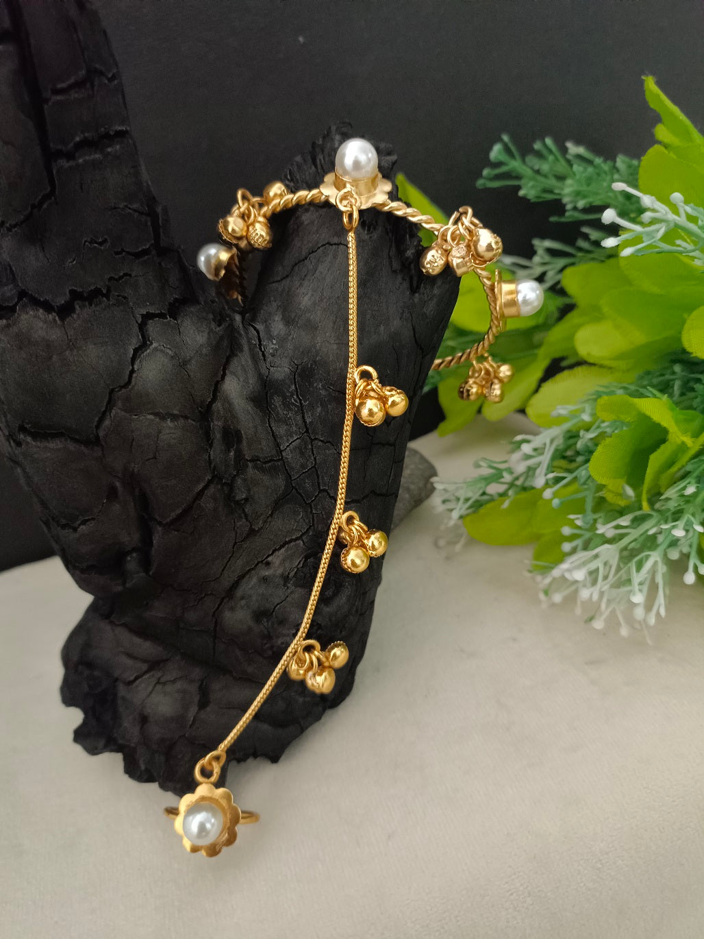 Women Brass Handcrafted Gold-Plated Pearl Sudded Hathphool Panja Multi Ring Bracelet