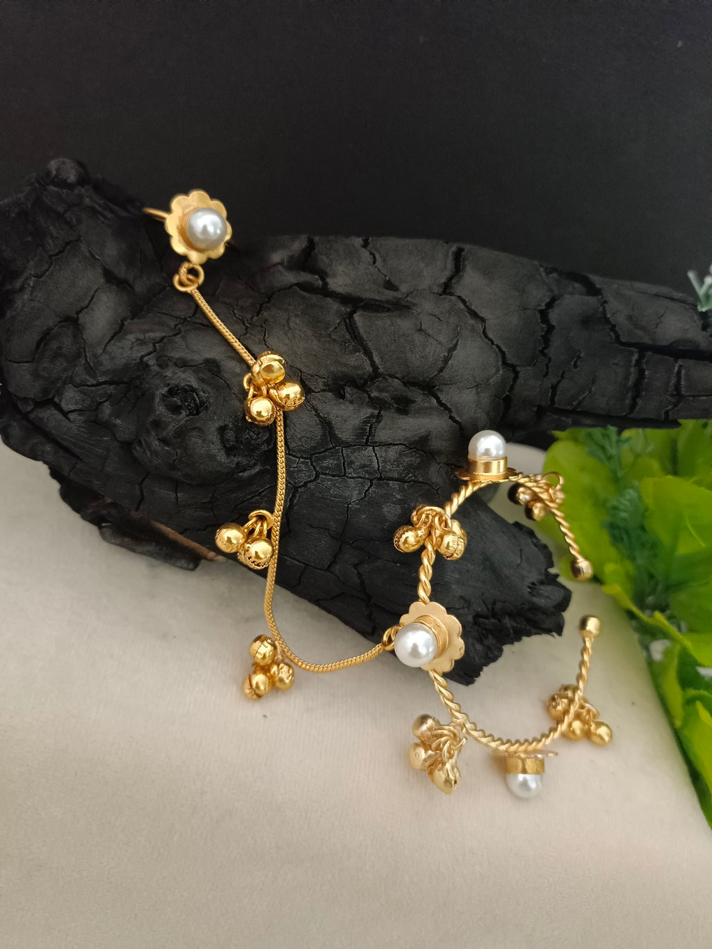 Women Brass Handcrafted Gold-Plated Pearl Sudded Hathphool Panja Multi Ring Bracelet
