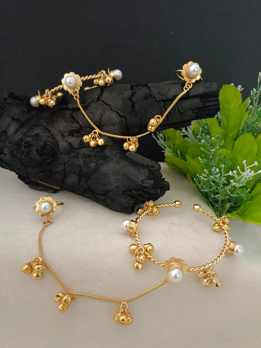 Women 2 Brass Handcrafted Gold-Plated Pearl Sudded Hathphool Panja Multi Ring Bracelet