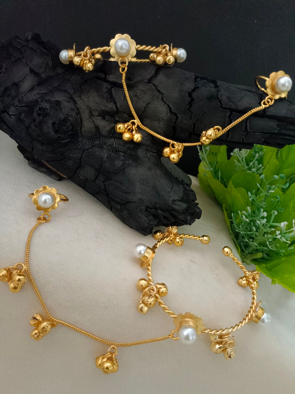Women 2 Brass Handcrafted Gold-Plated Pearl Sudded Hathphool Panja Multi Ring Bracelet