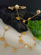 Women 2 Brass Handcrafted Gold-Plated Pearl Sudded Hathphool Panja Multi Ring Bracelet
