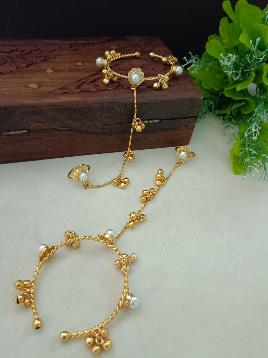 Women 2 Brass Handcrafted Gold-Plated Pearl Sudded Hathphool Panja Multi Ring Bracelet