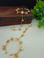 Women 2 Brass Handcrafted Gold-Plated Pearl Sudded Hathphool Panja Multi Ring Bracelet