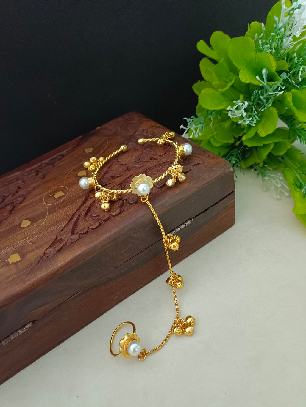 Women 2 Brass Handcrafted Gold-Plated Pearl Sudded Hathphool Panja Multi Ring Bracelet