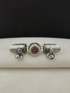 Brass-Plated Oxidized Adjustable Finger Ring | Stone Studded & Pearl Beaded