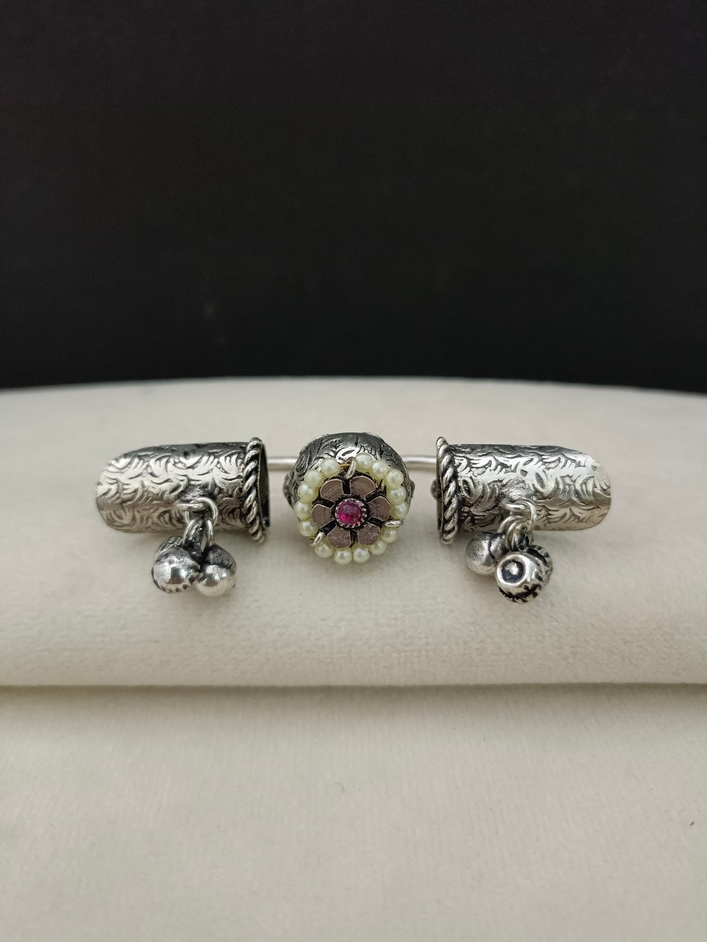 Brass-Plated Oxidized Adjustable Finger Ring | Stone Studded & Pearl Beaded