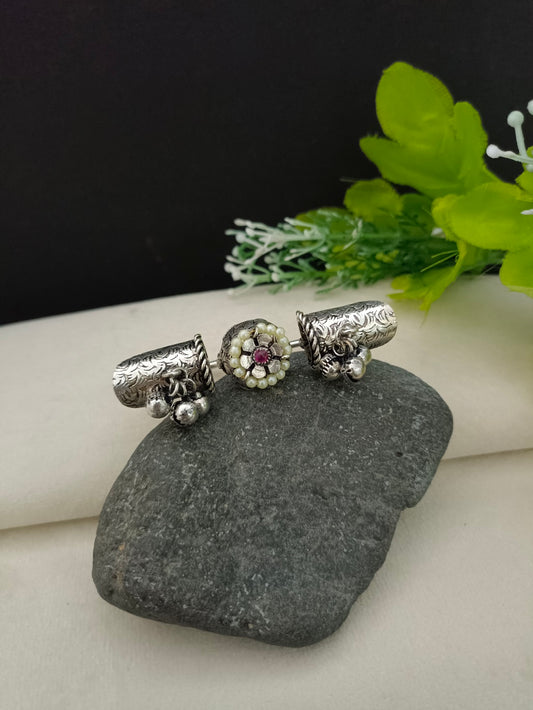 Brass-Plated Oxidized Adjustable Finger Ring | Stone Studded & Pearl Beaded