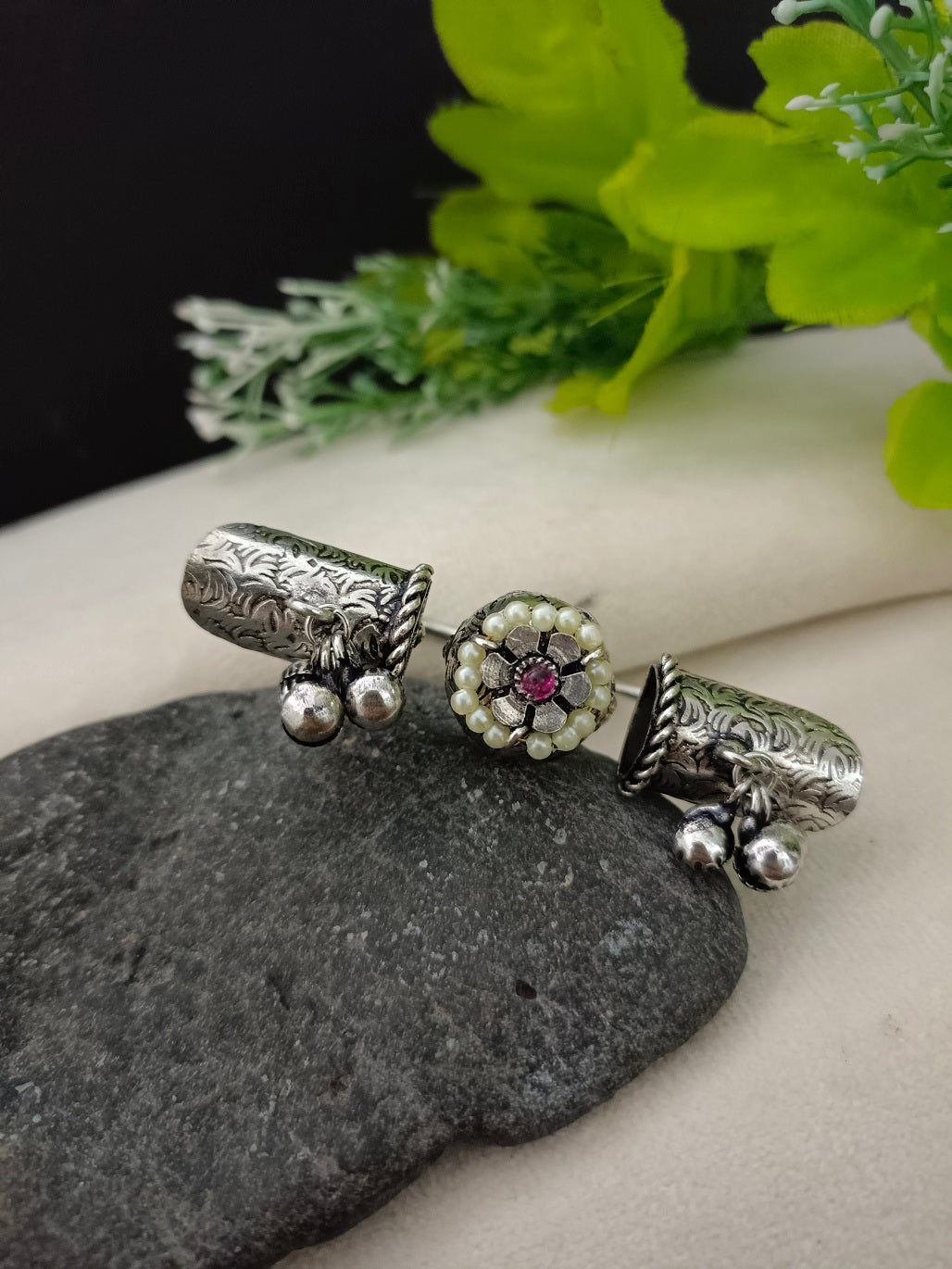 Brass-Plated Oxidized Adjustable Finger Ring | Stone Studded & Pearl Beaded