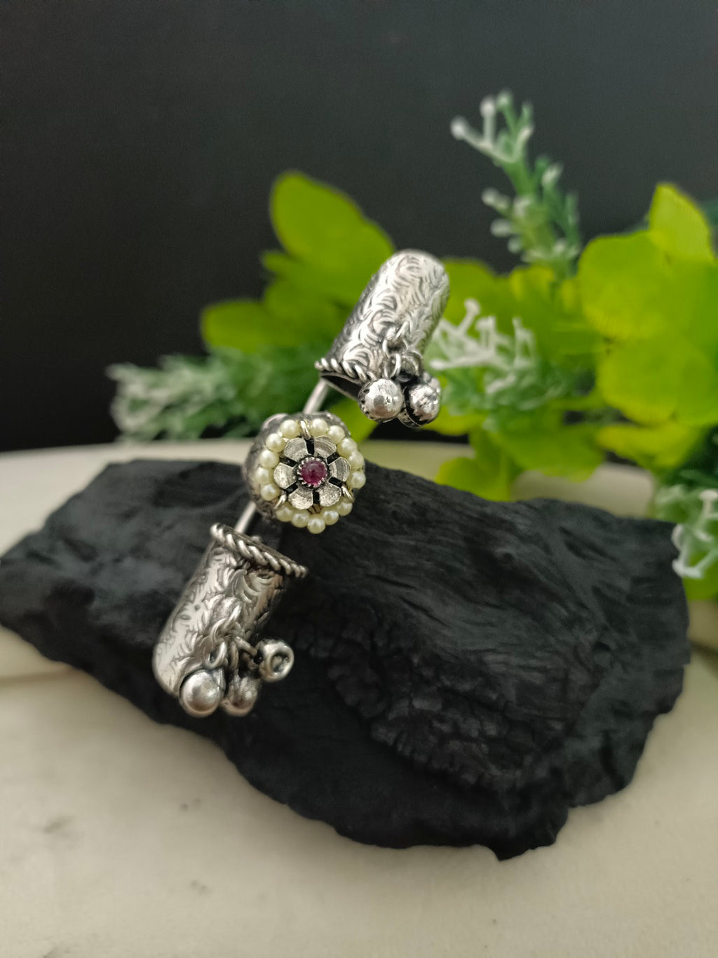 Brass-Plated Oxidized Adjustable Finger Ring | Stone Studded & Pearl Beaded