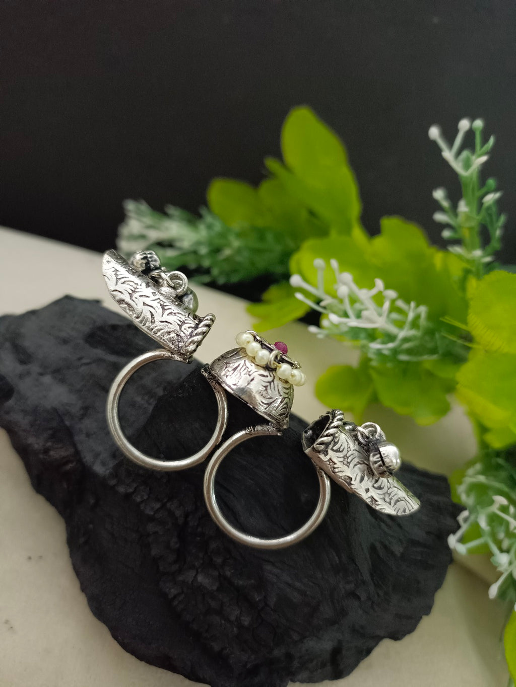 Brass-Plated Oxidized Adjustable Finger Ring | Stone Studded & Pearl Beaded