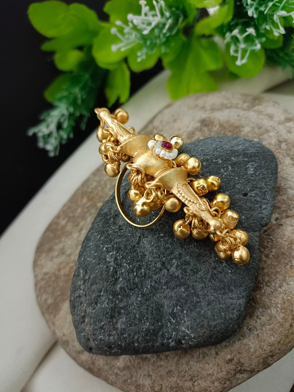 Gold-Plated Artificial Stones Studded & Pearls Beaded Ghungroo Finger Ring