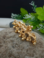 Gold-Plated Artificial Stones Studded & Pearls Beaded Ghungroo Finger Ring