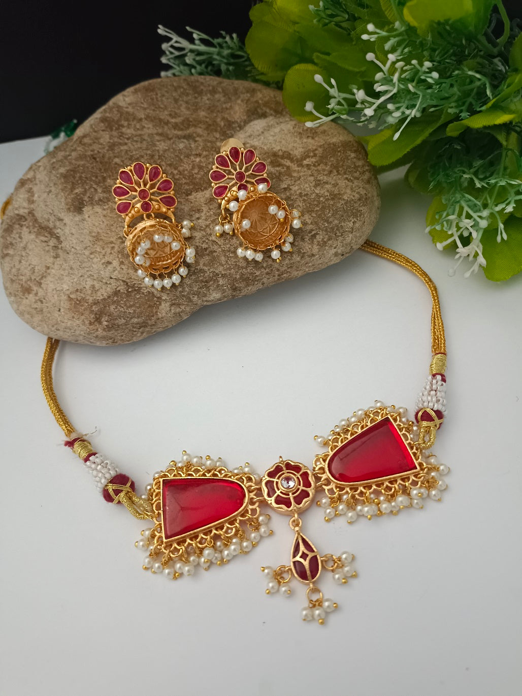 Gold-Plated Kundan & Pearl Beaded Choker Set with Jhumka Earrings