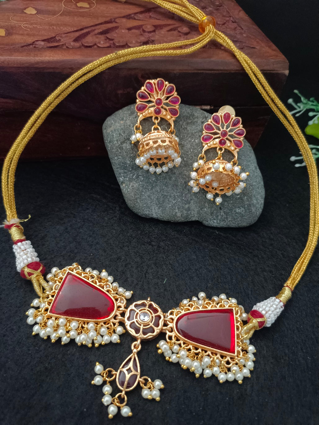 Gold-Plated Kundan & Pearl Beaded Choker Set with Jhumka Earrings