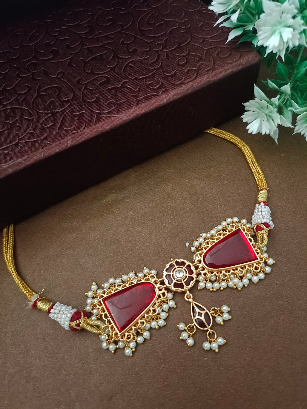 Gold-Plated Kundan & Pearl Beaded Choker Set with Jhumka Earrings